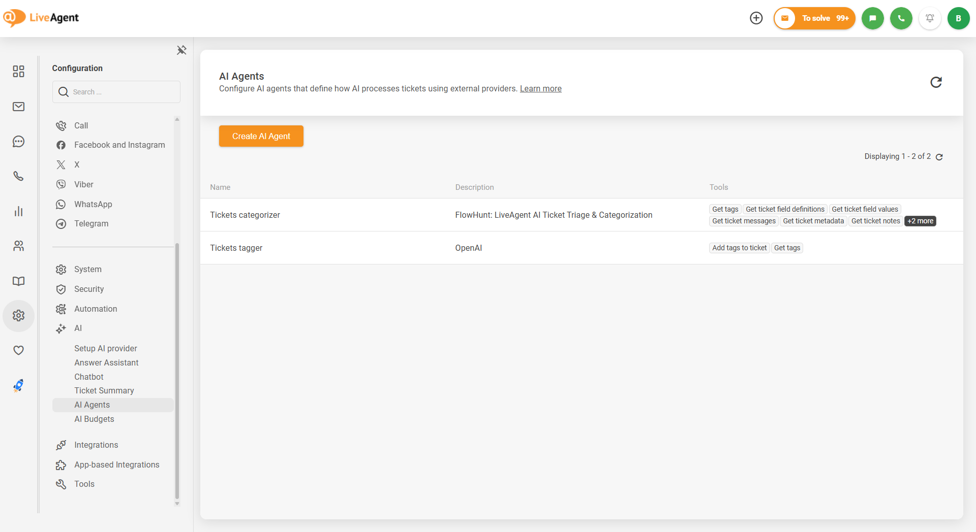 LiveAgent AI 智能体配置界面，显示工单分类器和工单标签器智能体