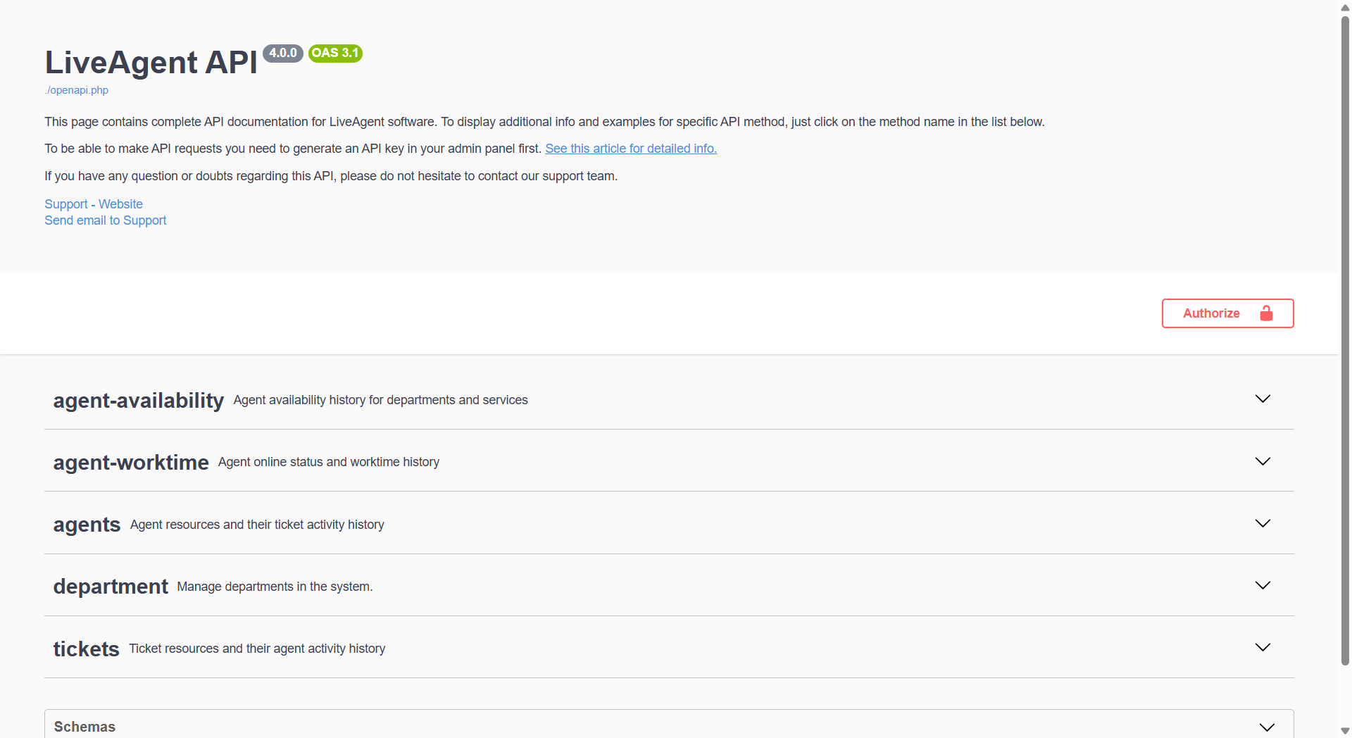 LiveAgent API v4 文档概览，显示可用端点