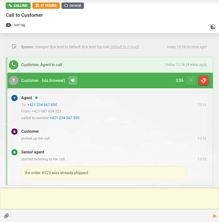 LiveAgent通话监听功能，显示座席之间的备注互动