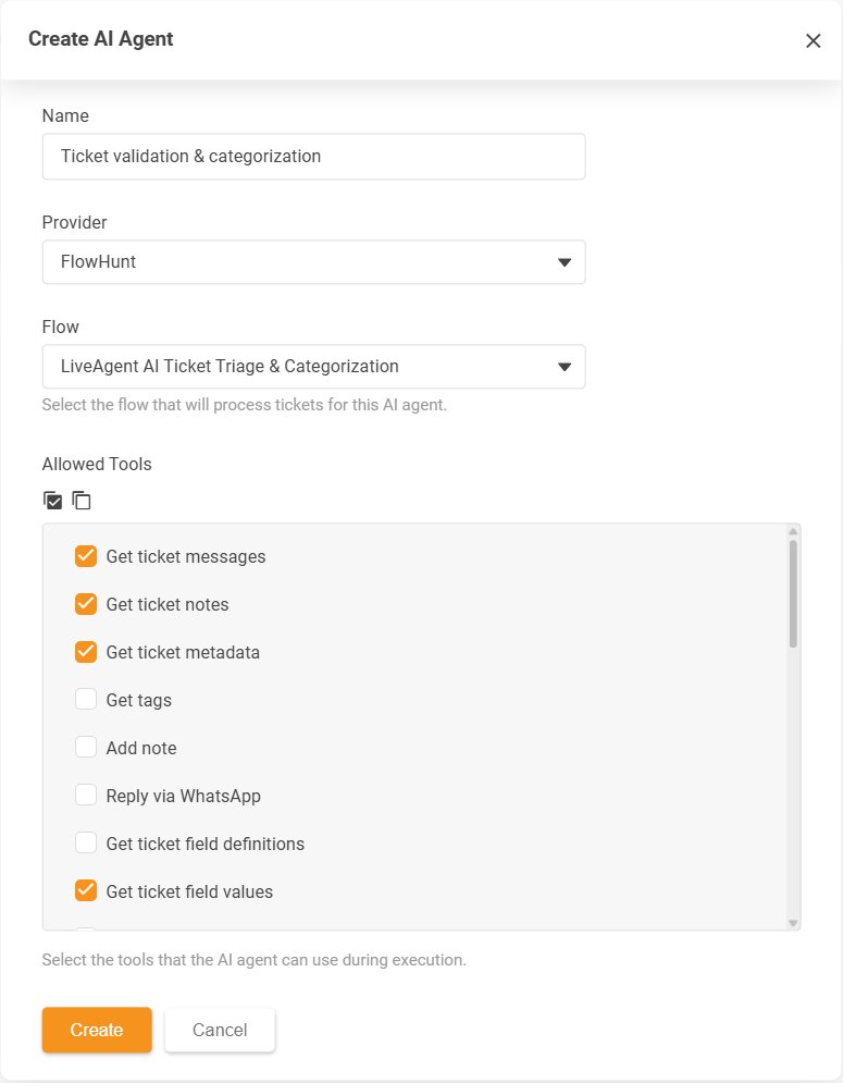 LiveAgent 创建 AI Agent 对话框,其中显示允许操作列表 Allowed Tools