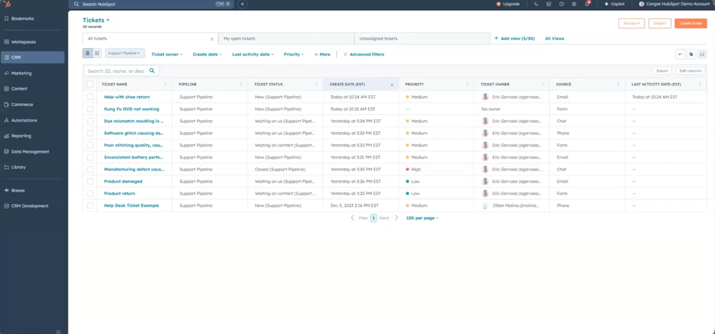 HubSpot Service Hub客服台,显示工单管道和CRM记录