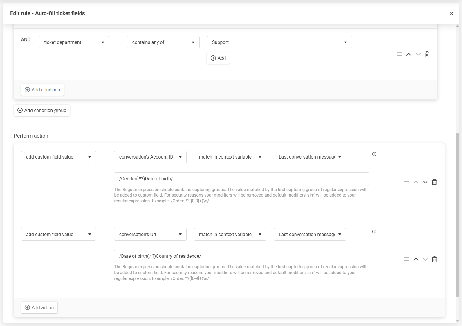 LiveAgent 规则编辑器，支持条件和操作的拖拽重新排序