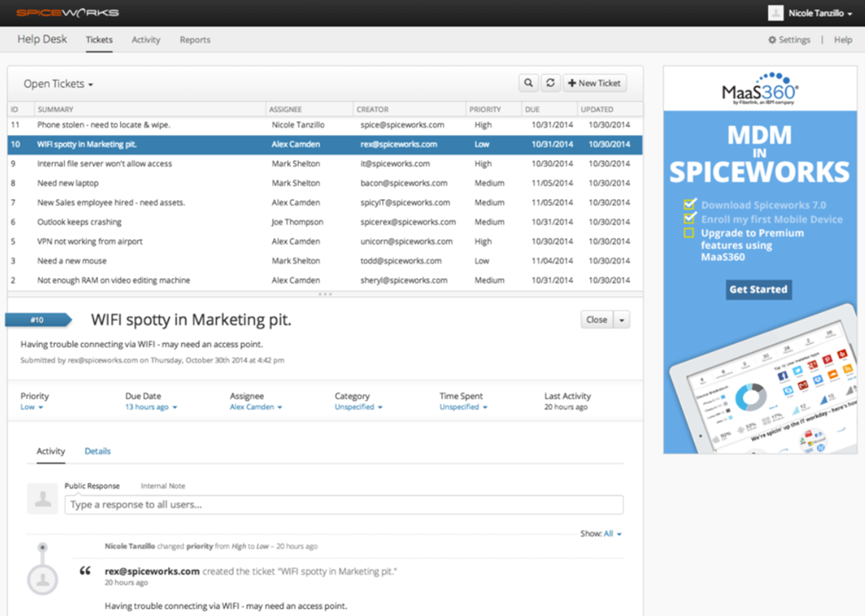 Spiceworks Cloud Help Desk工单列表,显示用户门户提交