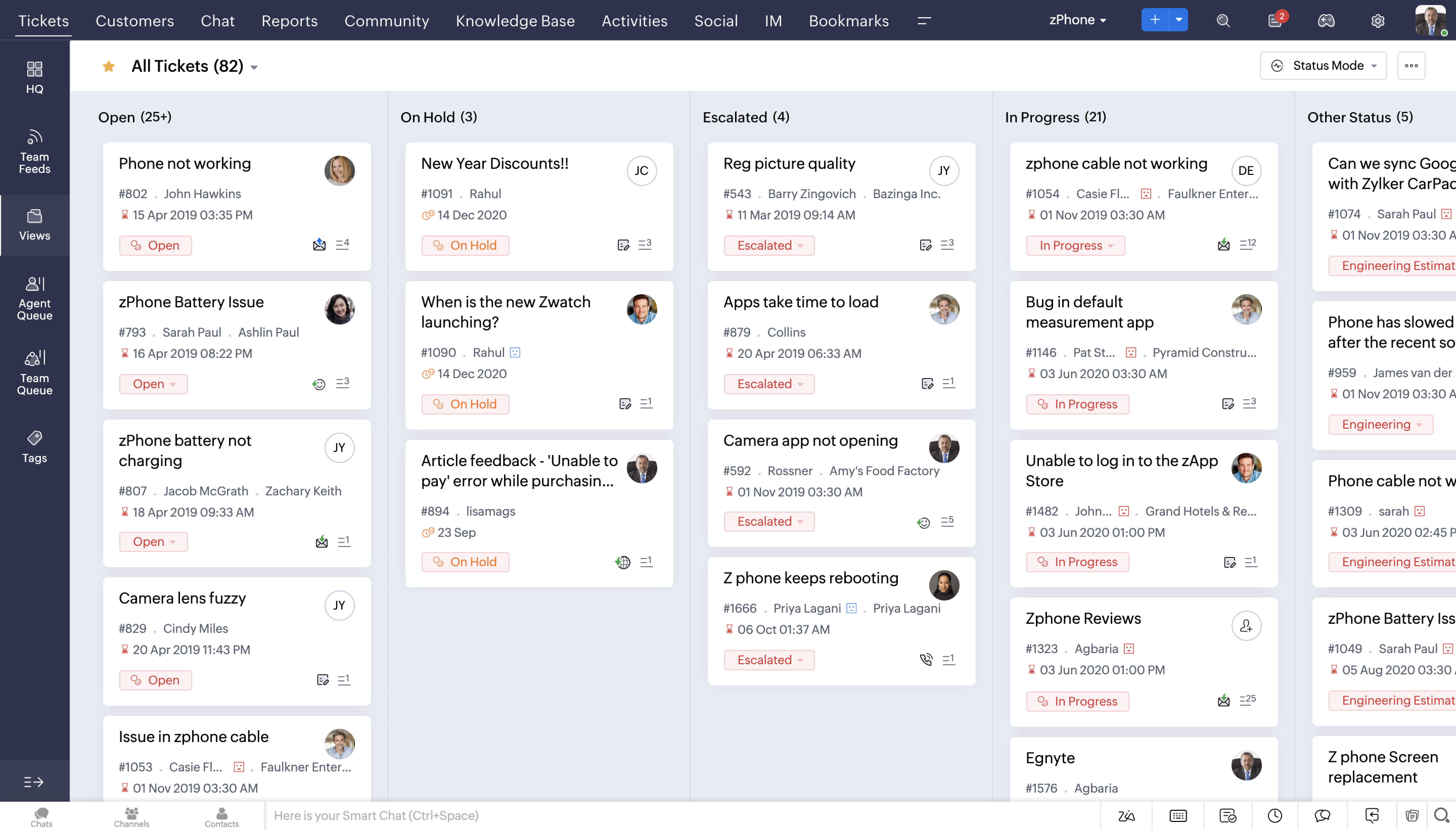 Zoho Desk客服视图,经过全面改造的工单队列视图