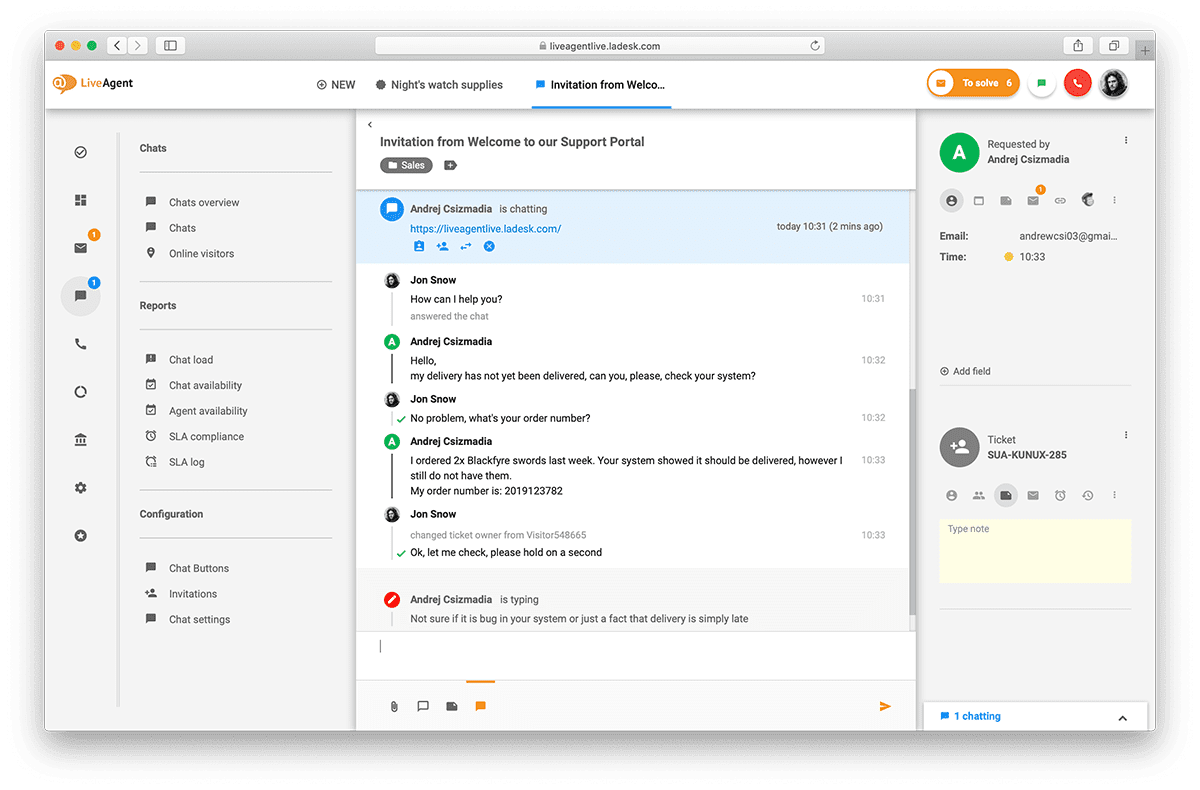 LiveAgent中实时聊天界面的概览。