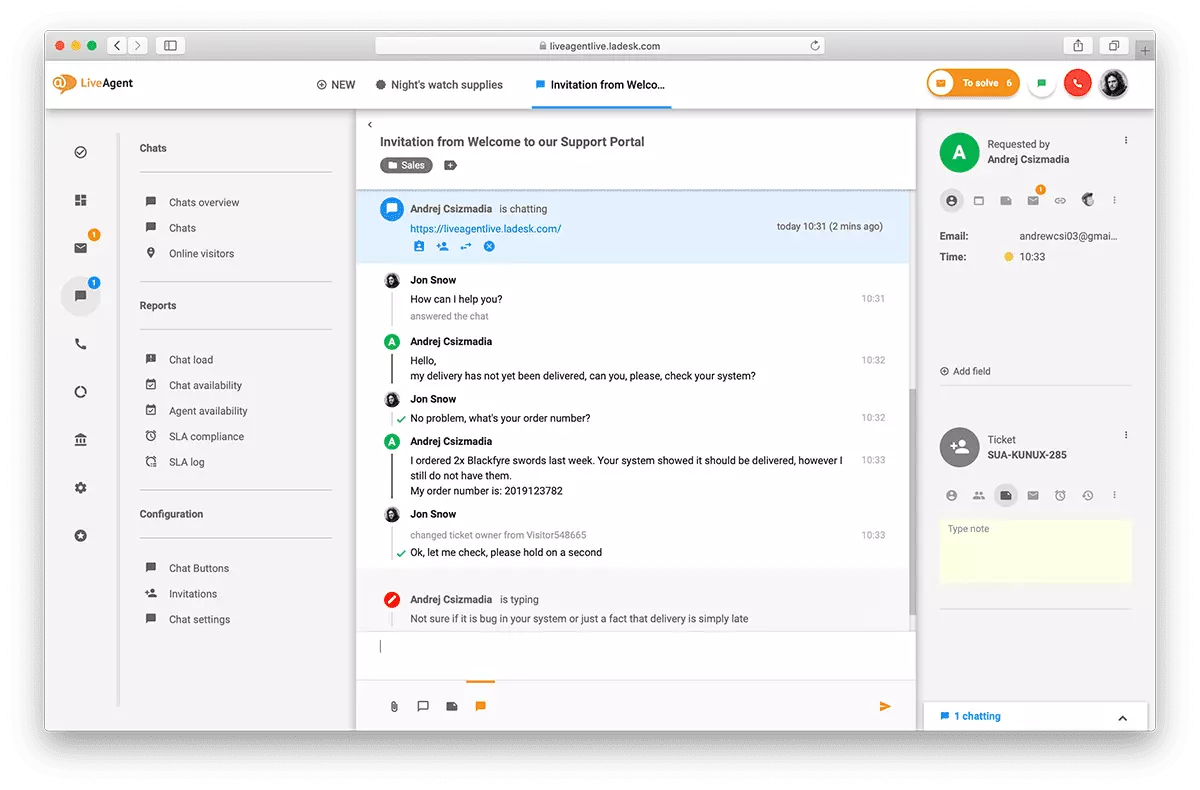 LiveAgent中在线客服界面的概览。