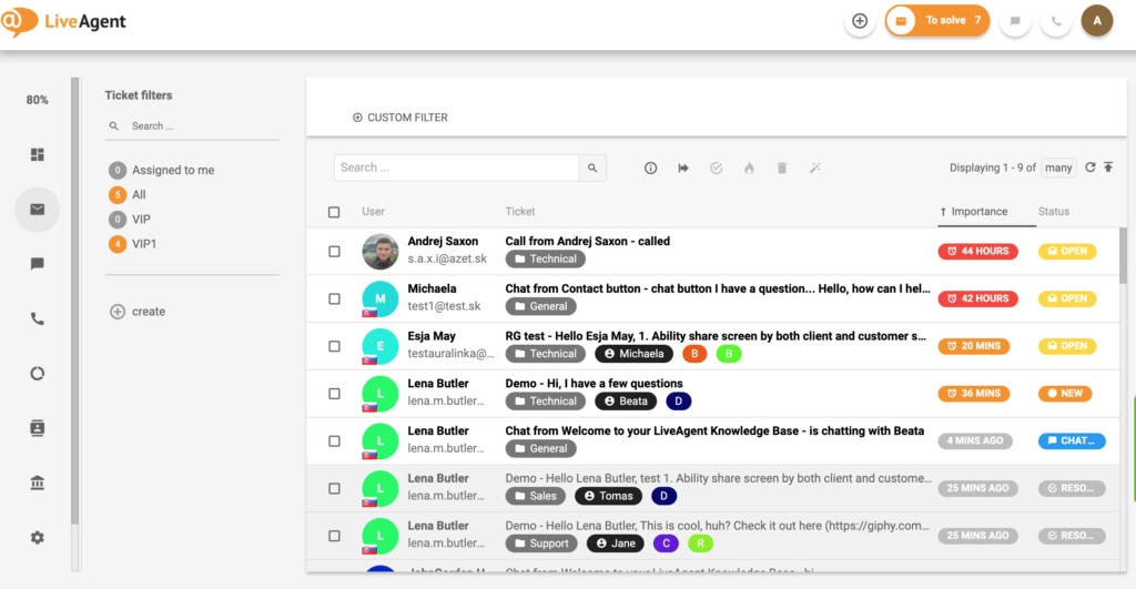 LiveAgent中工单界面的概览。