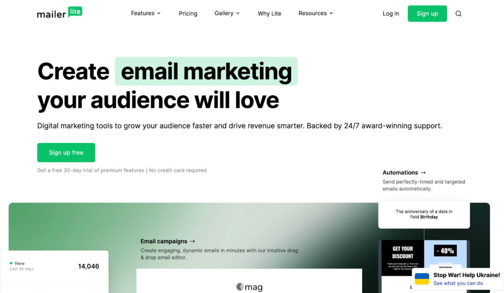 Mailerlite主页,用户友好的电子邮件管理系统