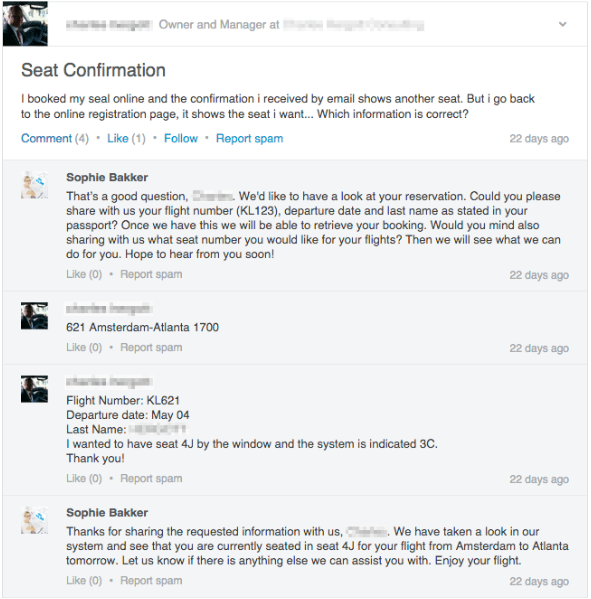 KLM Airlines's reply to customer question on LinkedIn