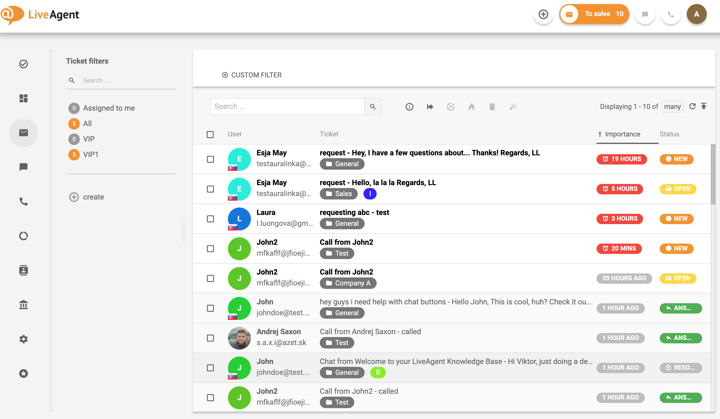 LiveAgent – 工单状态(示例)