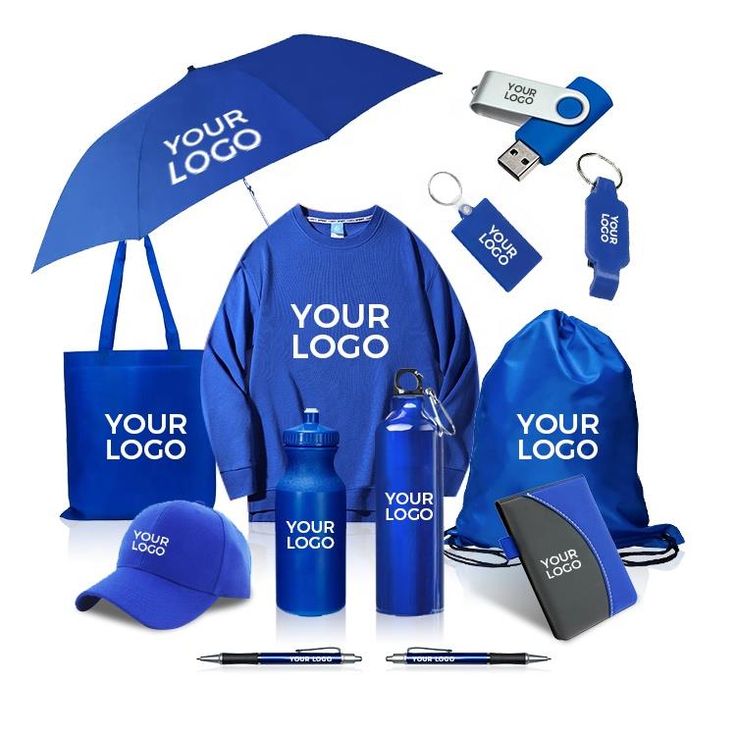 Various items that can be used as a company swag - hats, tote bags, flasks, notebooks, pens, keychains, and other items.