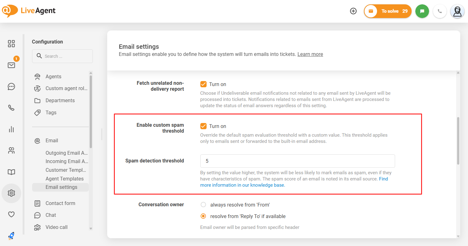 LiveAgent 可自定义垃圾邮件阈值的界面