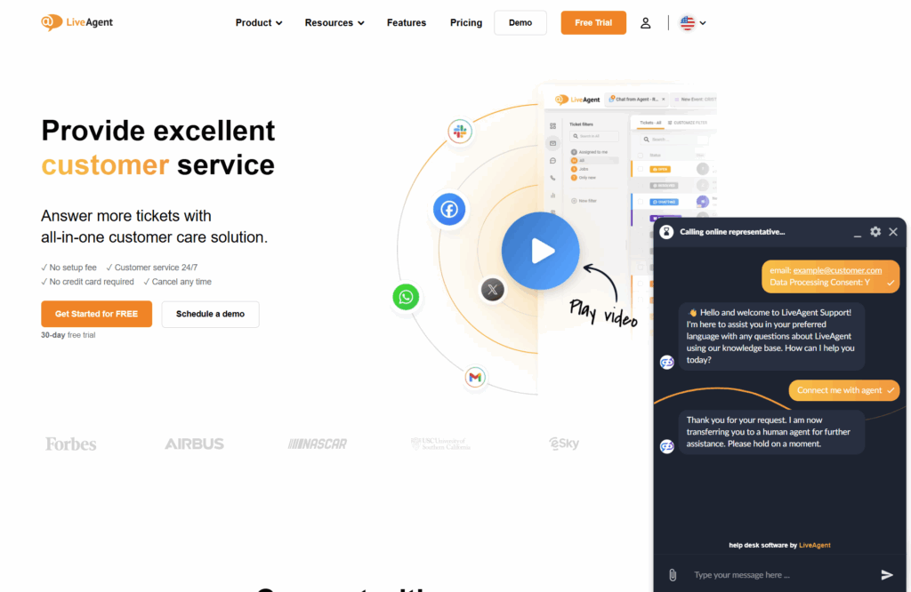 LiveAgent AI聊天机器人与LiveAgent网页上的机器人的对话