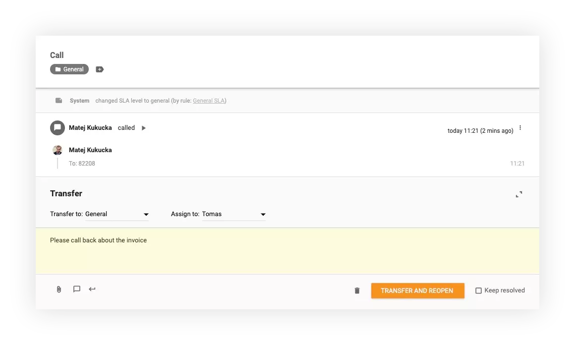 屏幕截图显示如何在LiveAgent中将呼叫转接到其他部门和代理