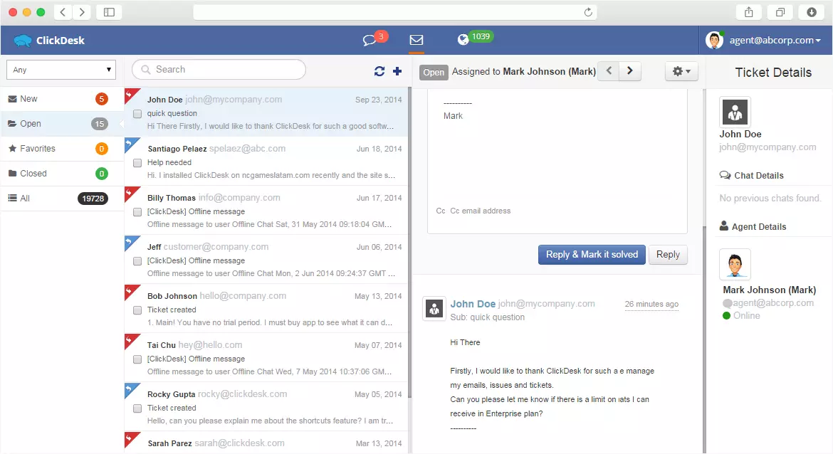 ClickDesk仪表板和实时聊天