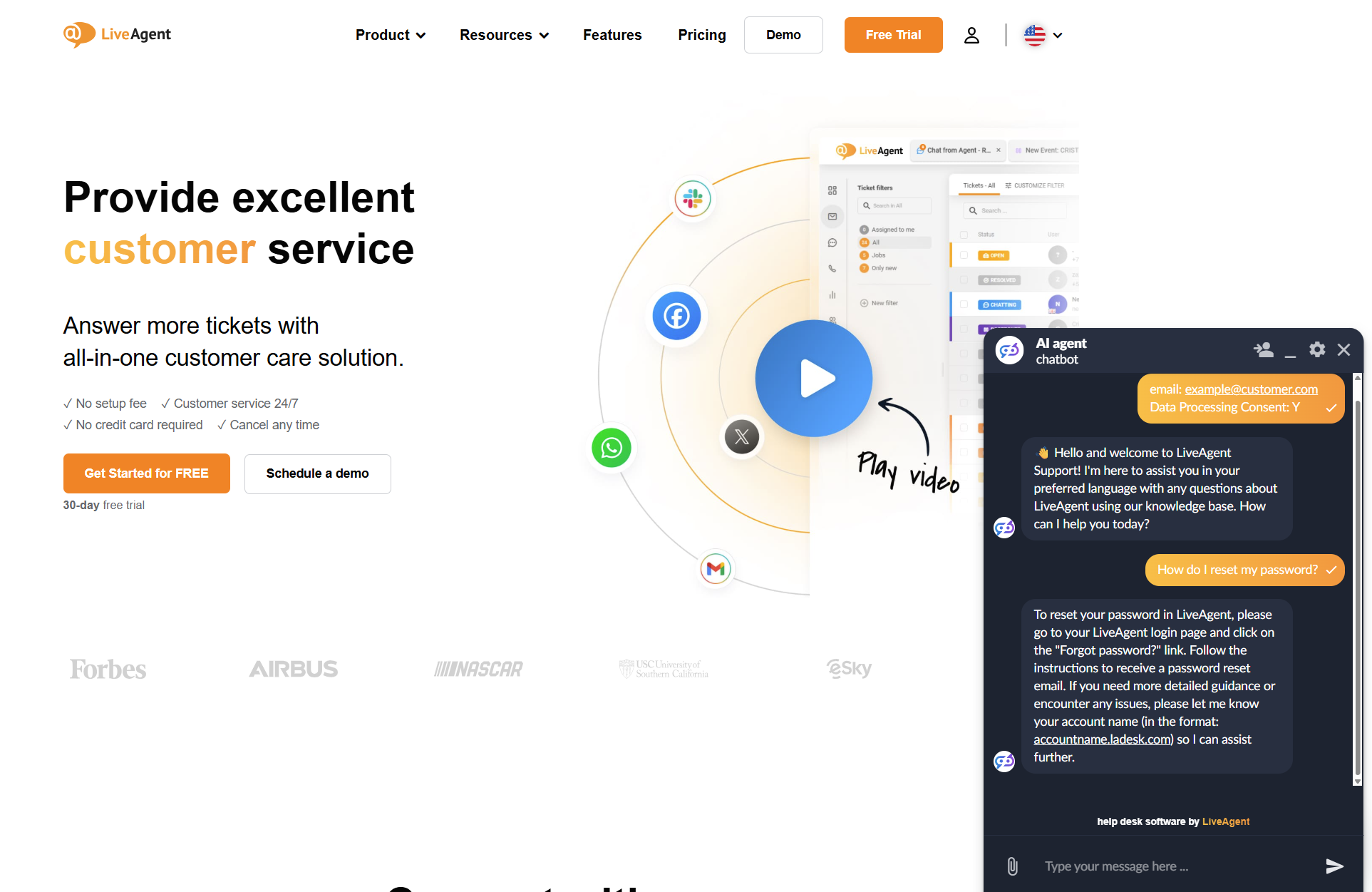 LiveAgent AI聊天机器人在LiveAgent页面上的聊天对话