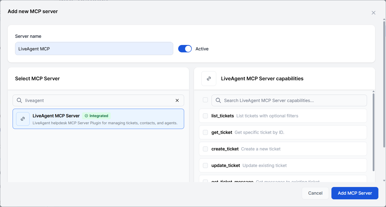 新的 MCP 服务器 LiveAgent 已添加到 FlowHunt