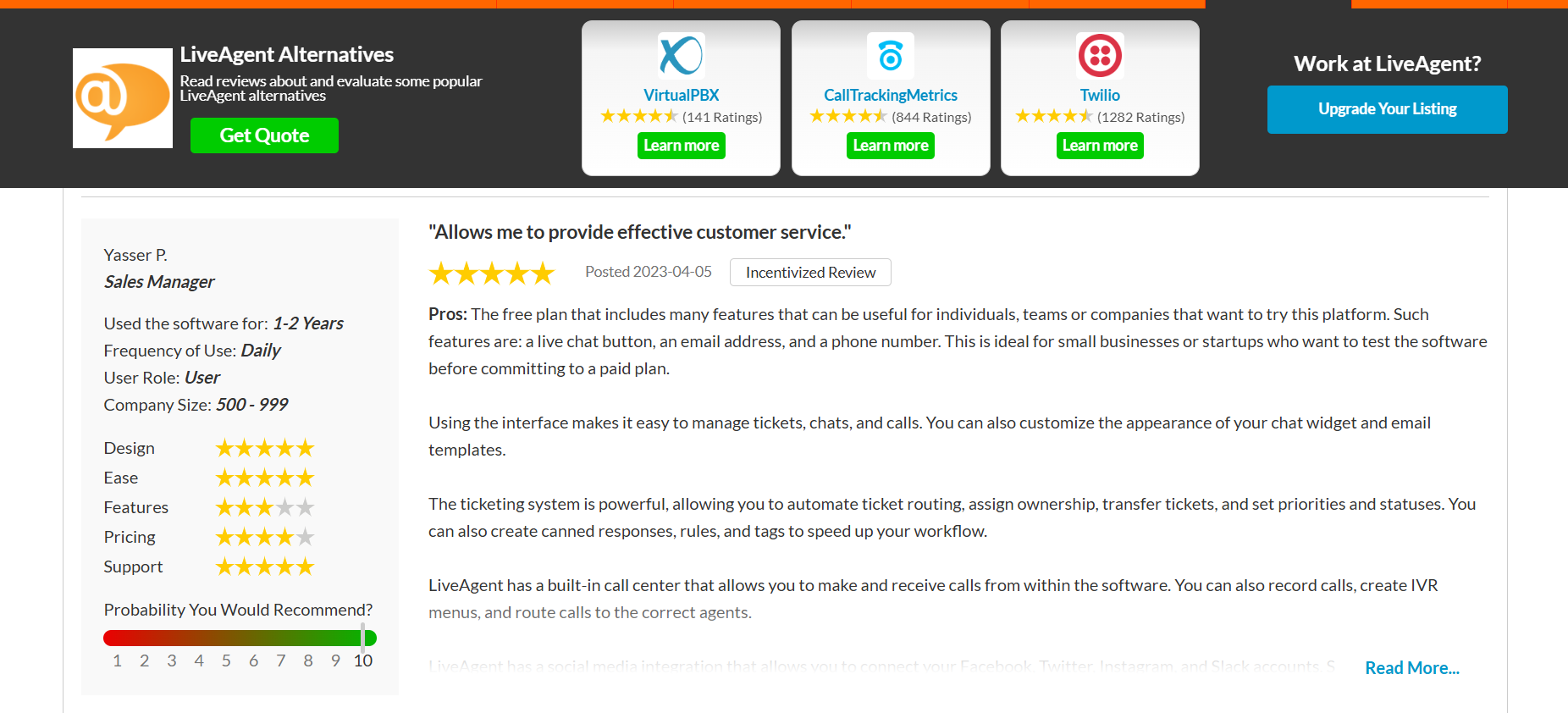 Customer review of LiveAgent on SourceForge platform