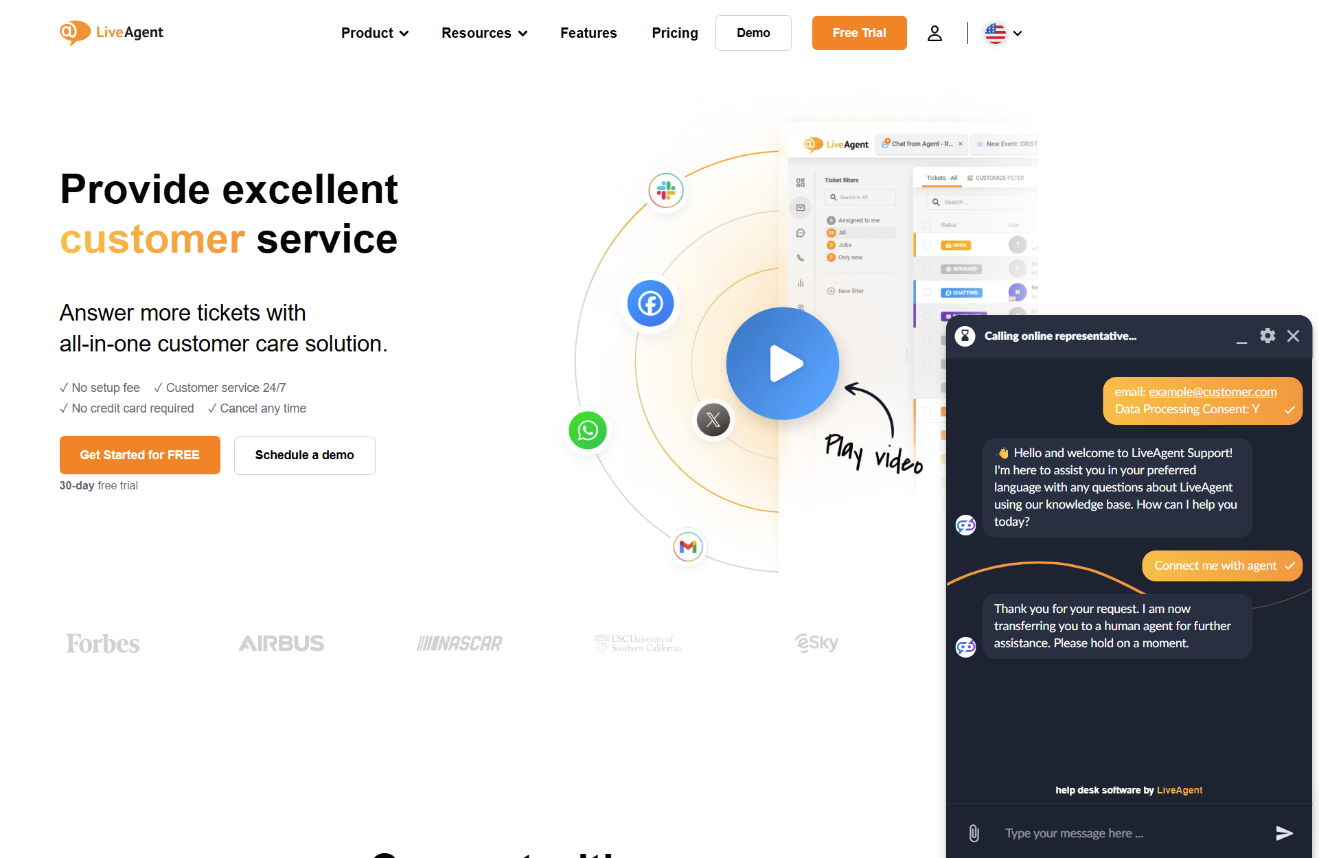 LiveAgent AI聊天机器人与LiveAgent网页上的机器人的对话