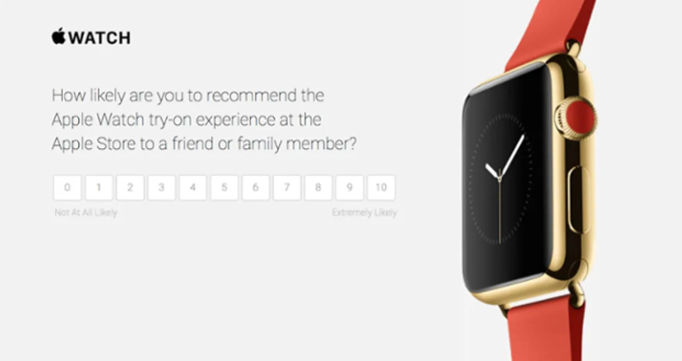 Image of Apple customer survey, showing multiple options for rating Apple watch product experience.