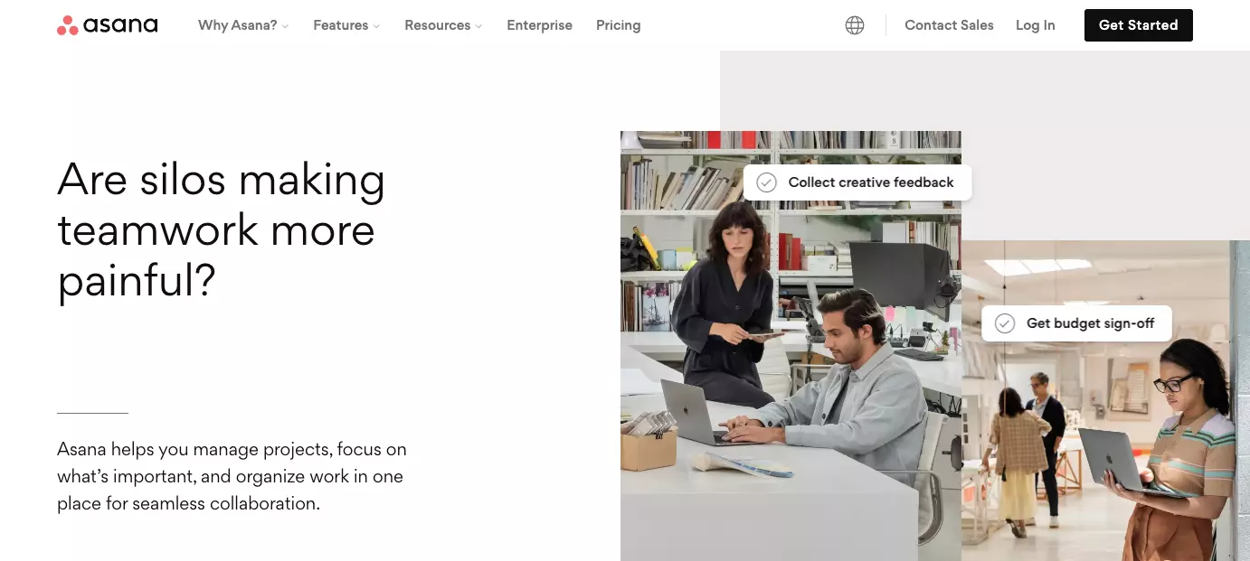 Asana的主页 - 通过改进团队协作、组织工作和保持透明度来改进组织中的效率。