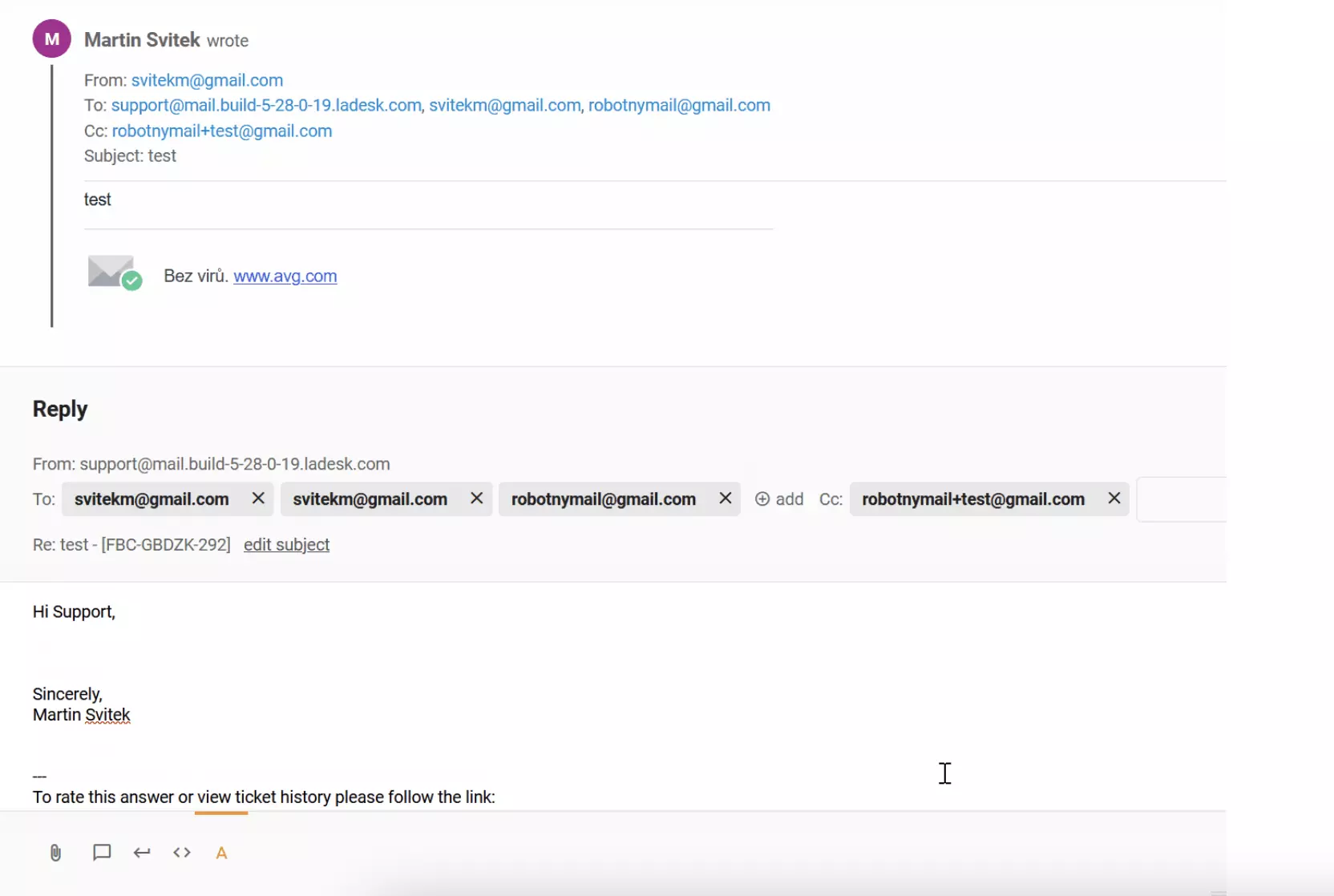 LiveAgent工单中抄送中重复的收件人的错误