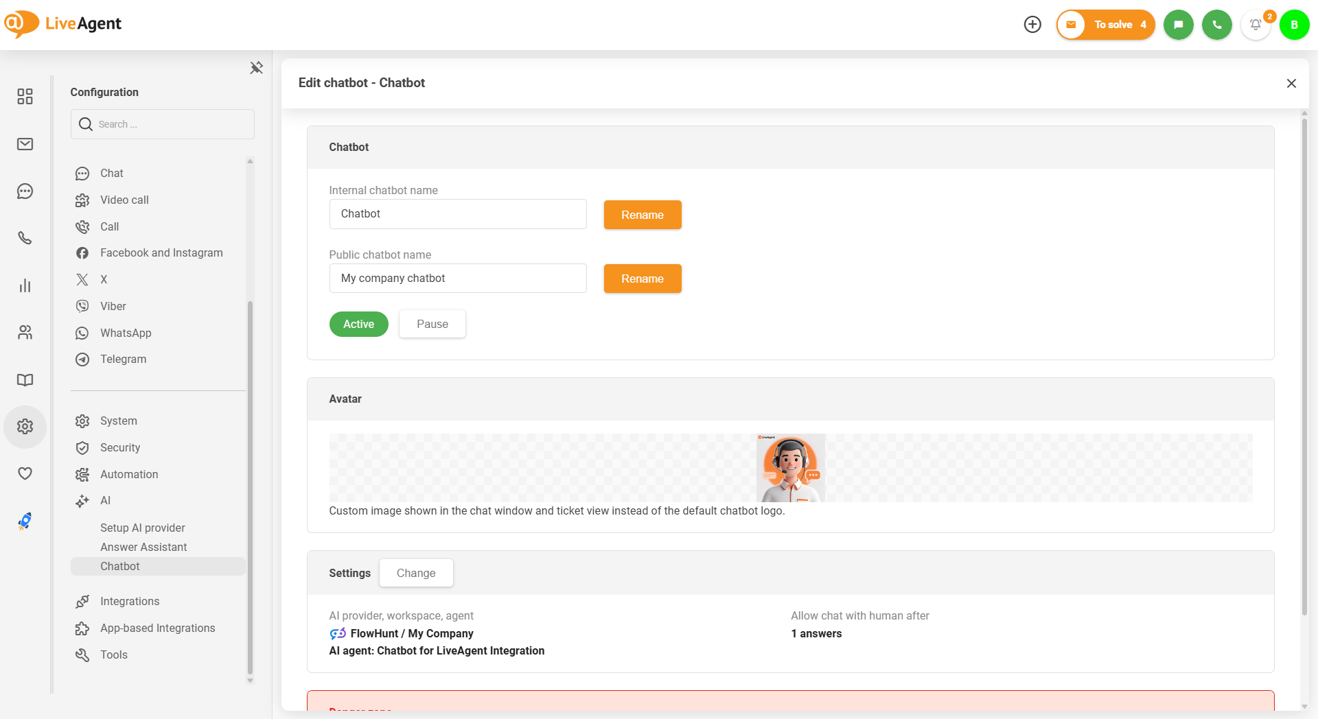 具有自定义头像图像上传的 LiveAgent AI 聊天机器人