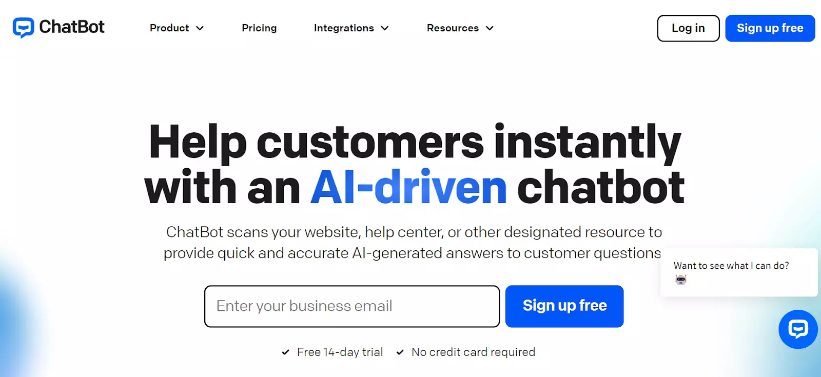 ChatBot主页的屏幕截图 - 使用他们强大的聊天机器人提供人工智能生成的答案