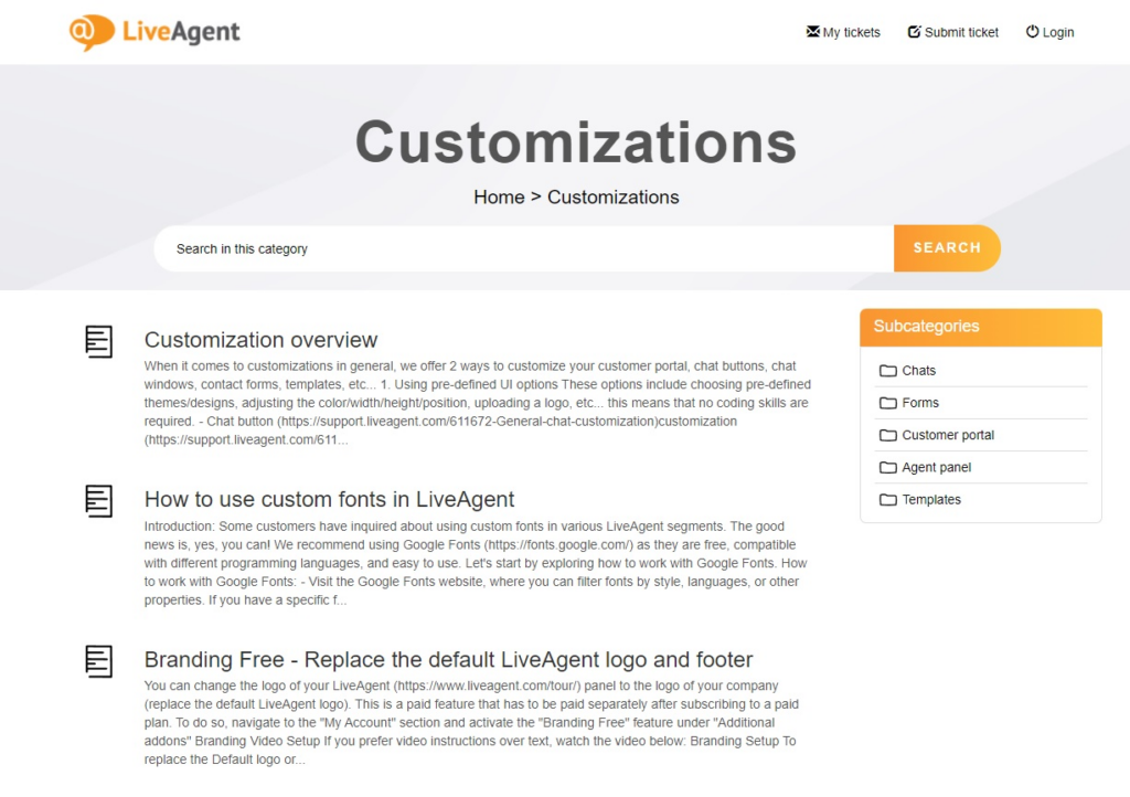 Customization category in LiveAgent's knowledge base page