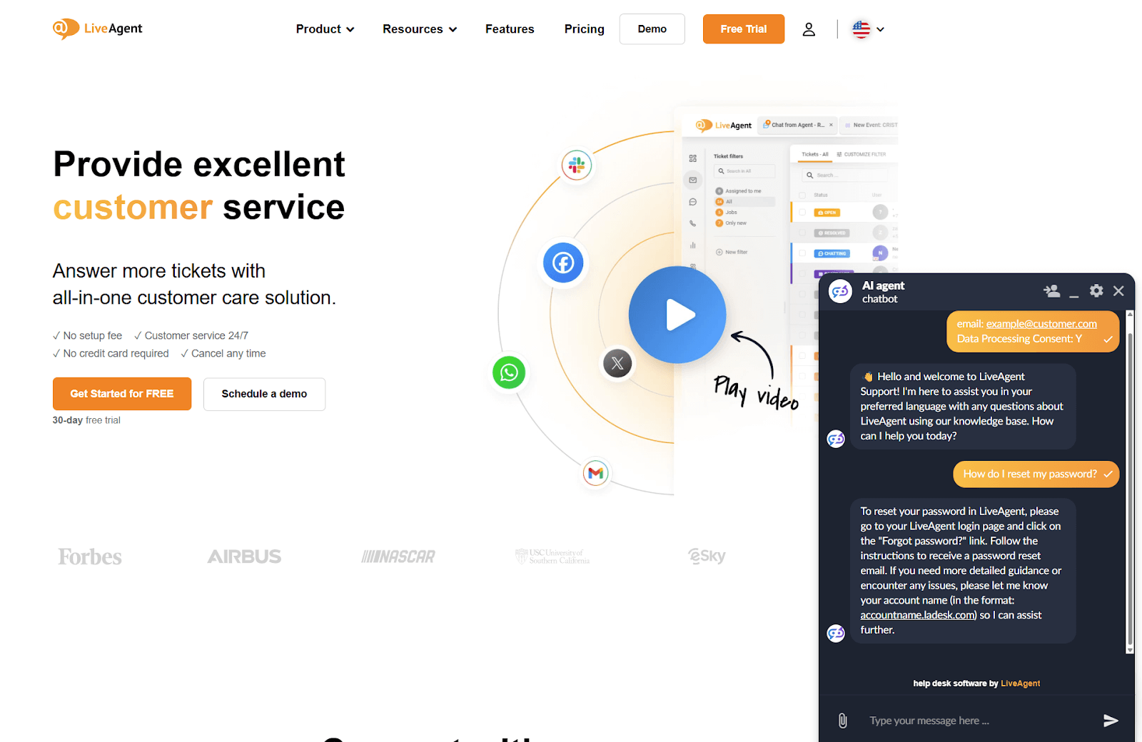 与LiveAgent AI聊天机器人的客户支持对话截图