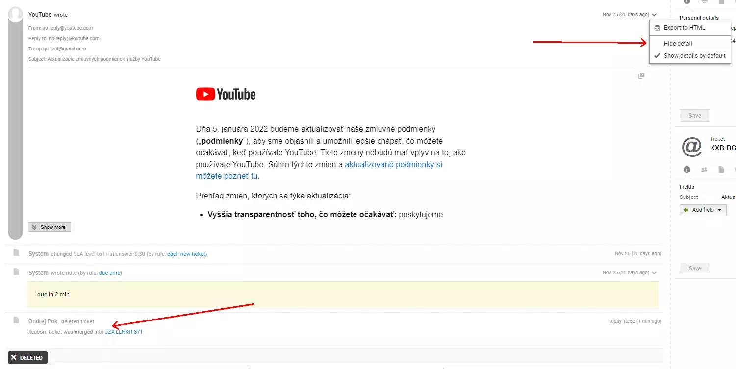 显示合并两个工单后电子邮件来源错误的图片，这是 LiveAgent 早期版本中存在的问题
