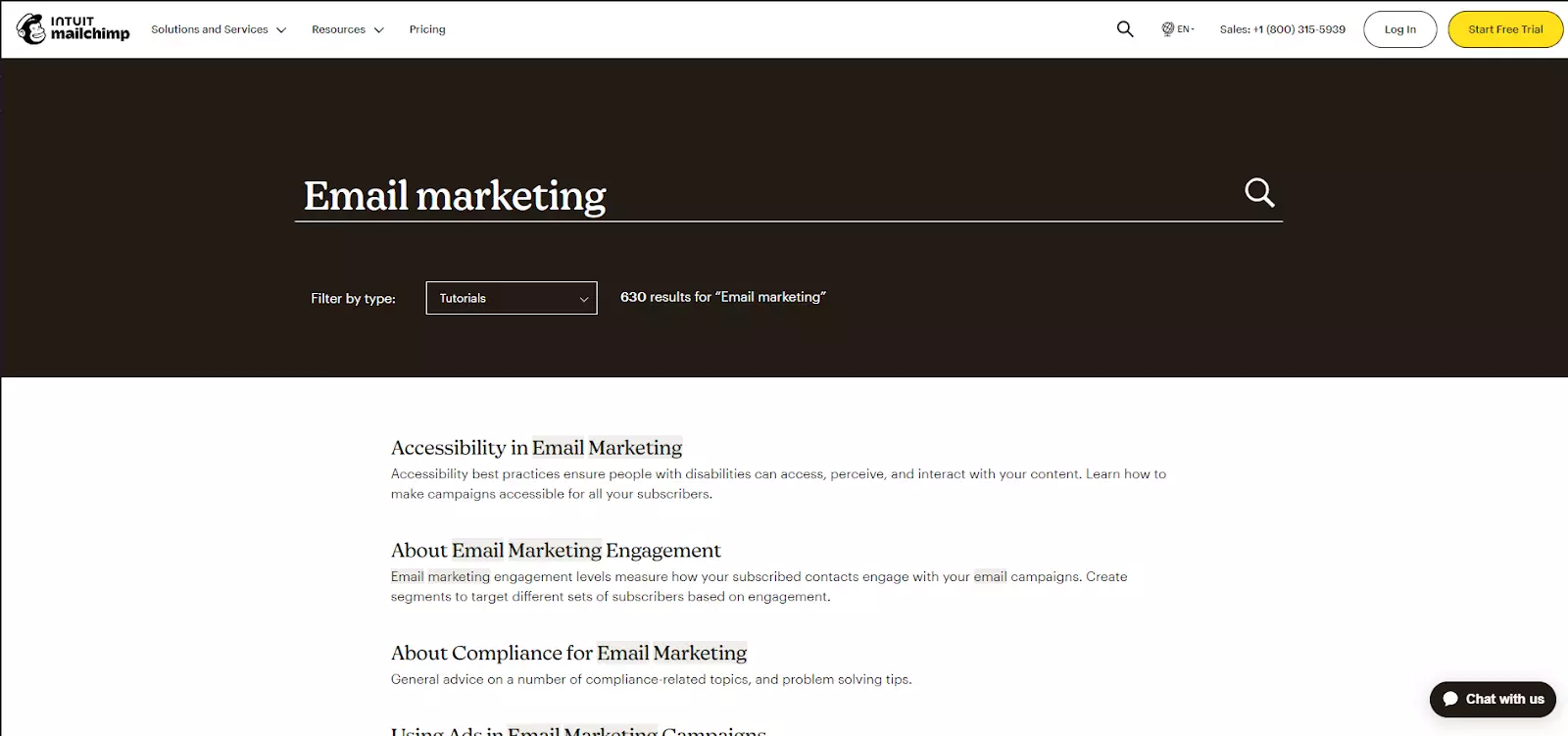 MailChimp知识库中搜索功能的示例