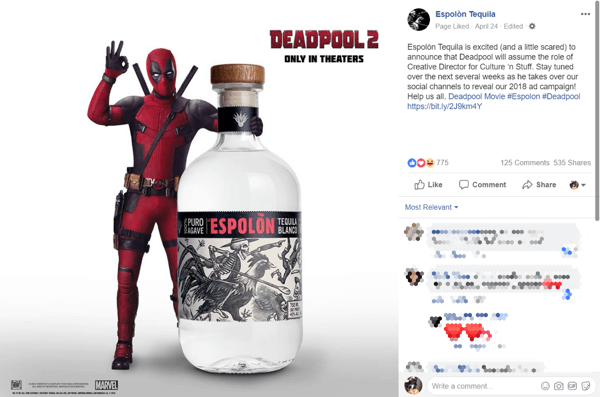 龙舌兰品牌与Deadpool 2电影在Facebook上的合作伙伴关系公告