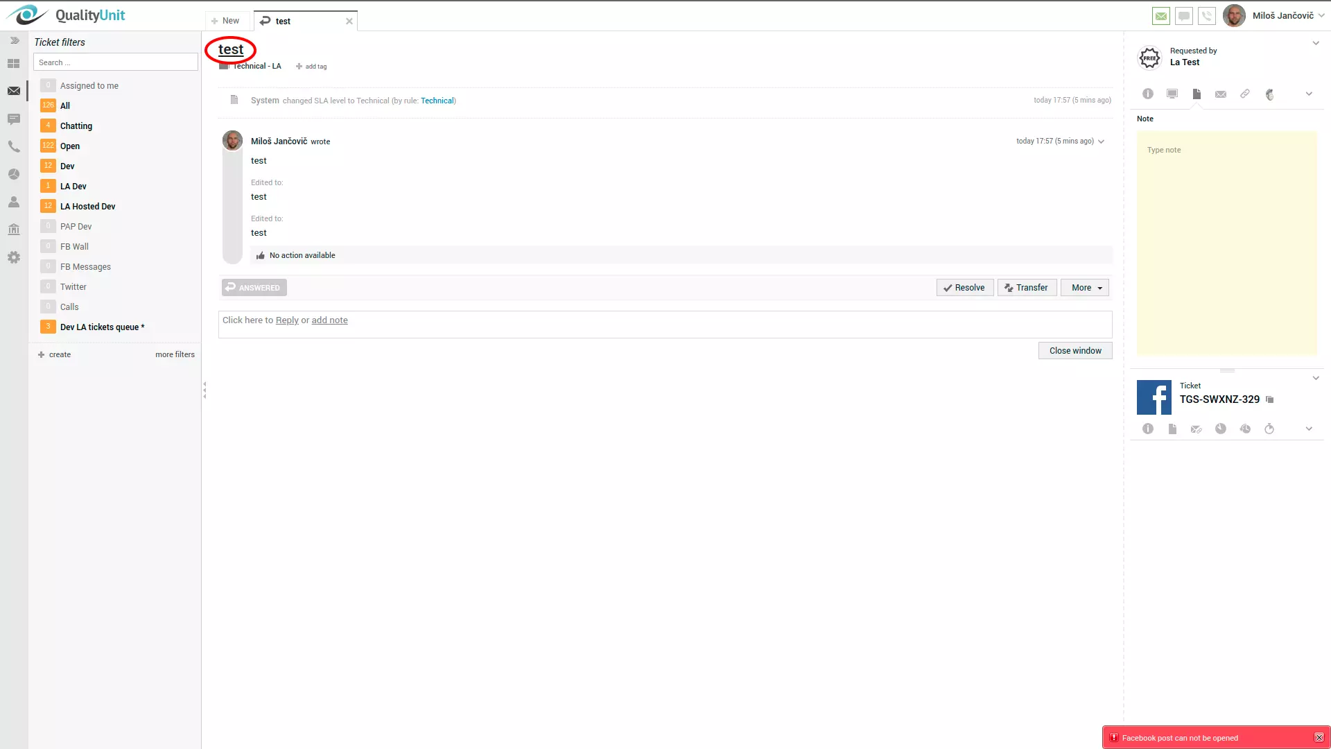 LiveAgent用户界面右角的Facebook帖子错误