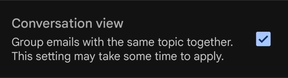 Gmail应用中用于启用和禁用对话视图的复选框
