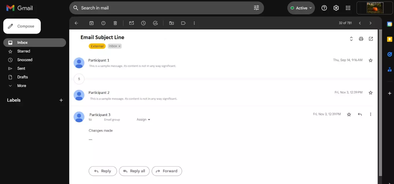 在一段时间内多个参与者之间的电子邮件线程示例