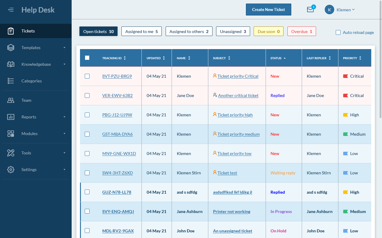 Hesk免费自托管帮助台——管理面板中的工单列表