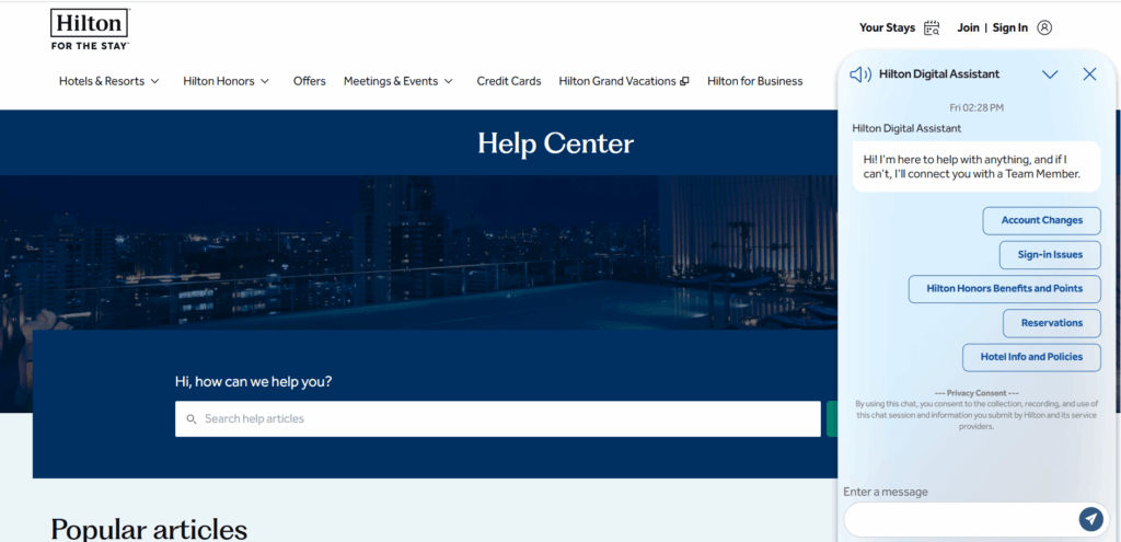 Hilton网页上的Hilton数字助手