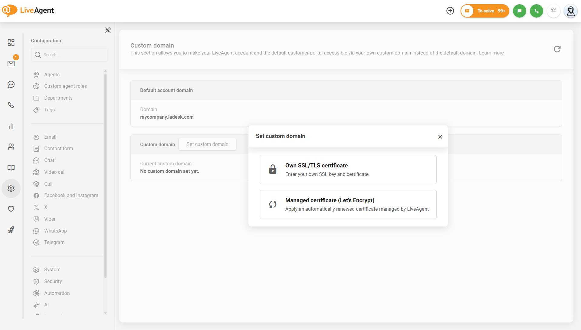 LiveAgent 自定义域名设置，提供 Let's Encrypt 托管证书选项