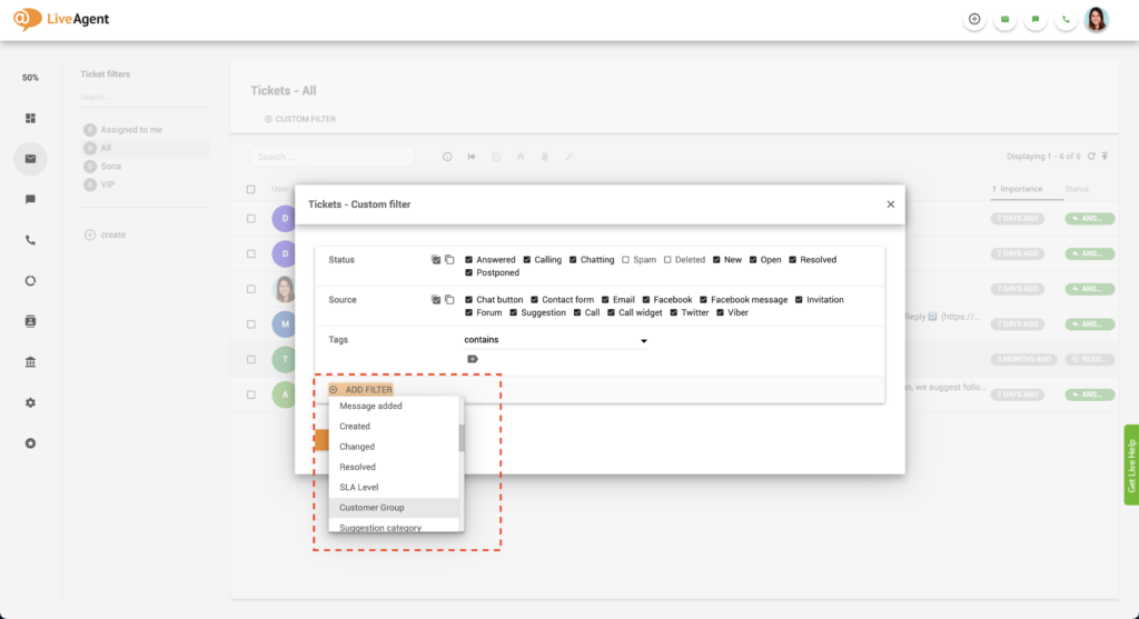 LiveAgent 添加客户过滤器
