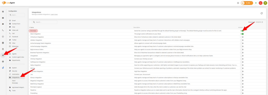 在LiveAgent设置中启用与Nicereply集成的过程