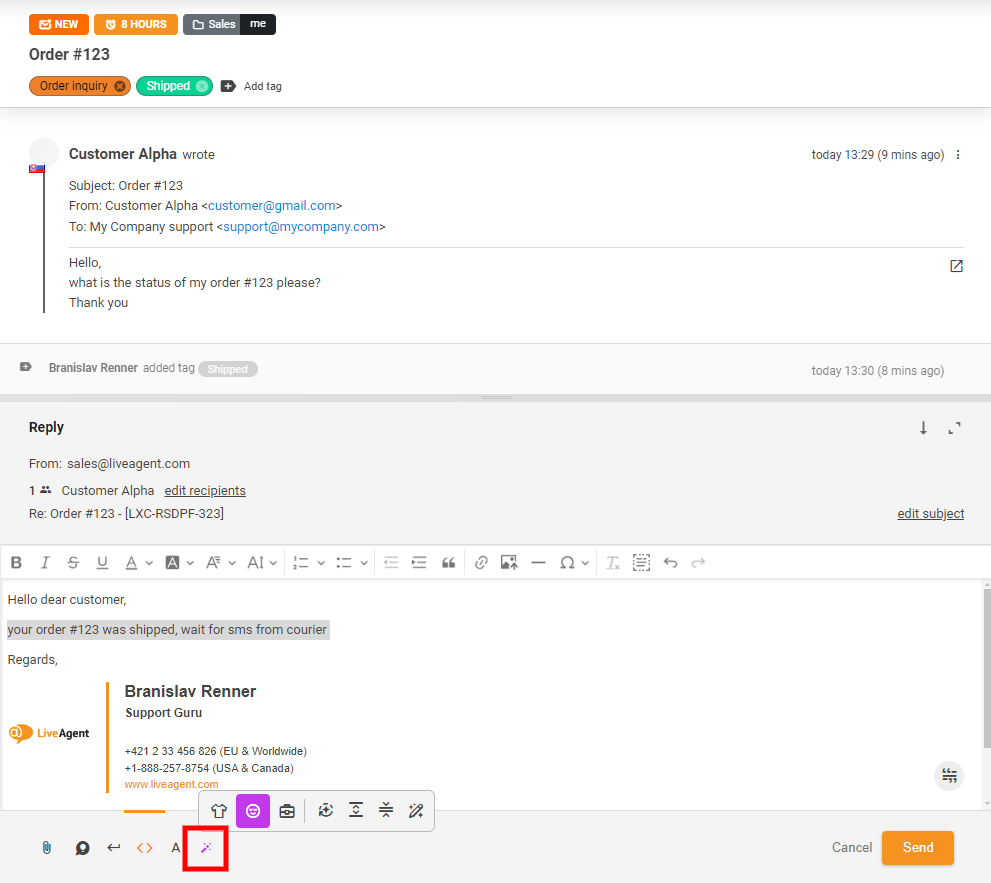 聊天视图中AI回答助手按钮的屏幕截图