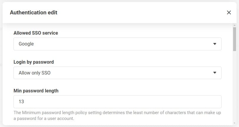 身份验证设置屏幕，在密码登录部分显示仅允许 SSO 的选项