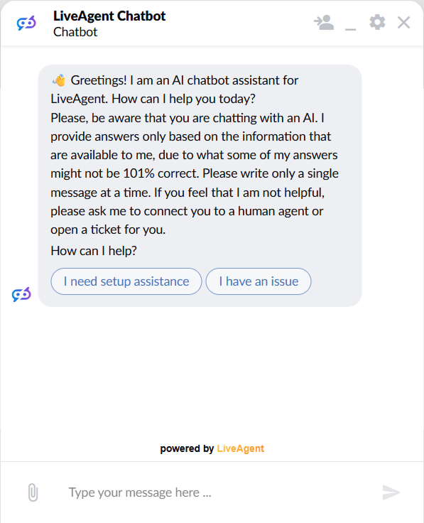 LiveAgent聊天窗口显示AI聊天机器人问候语及两个可点击的答案按钮,分别用于设置帮助和提交问题