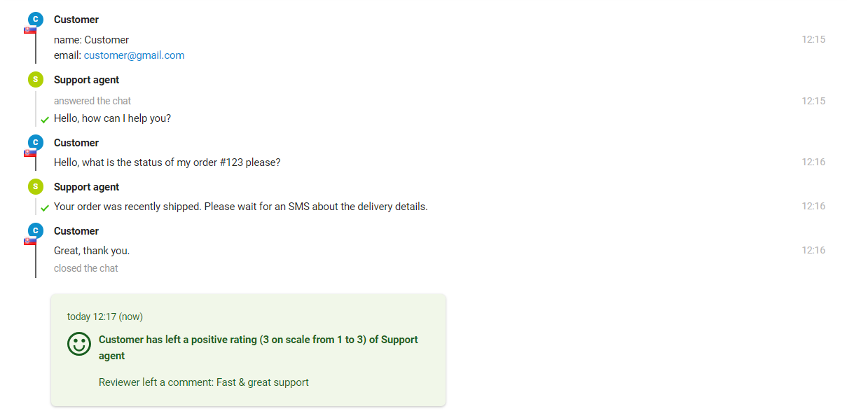 图像显示客户和支持代理之间的交互，其中代理可以在消息末尾看到评分