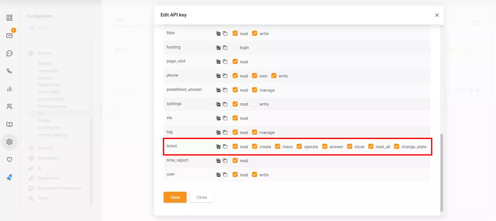 LiveAgent 中的编辑 API 密钥部分，显示新的close和change_state权限