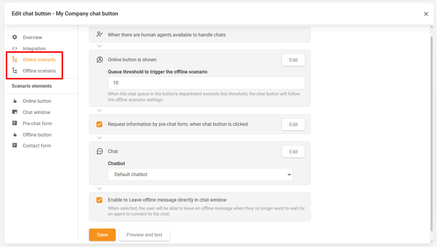 LiveAgent聊天按钮配置窗口，显示在线和离线场景
