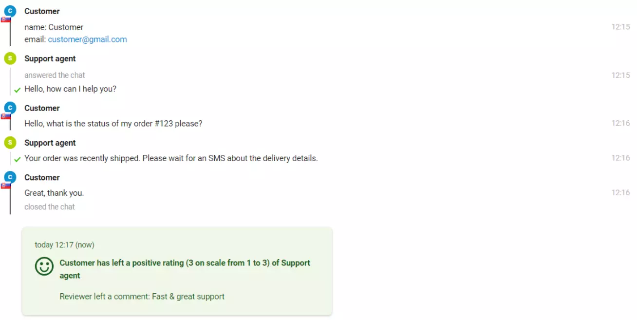 An Image of a chat with a customer that left a positive rating.