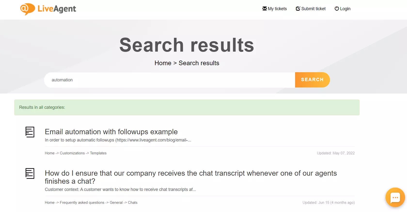 LiveAgent知识库搜索功能