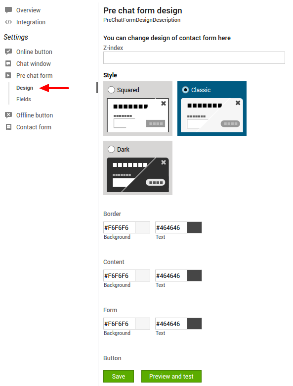 Image showing the design settings of pre chat for in LiveAgent live chat software.